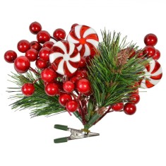 Decoratiune Craciun, Crenguta De Pin, Acadele, Pomusoare Rosii, Clips, 16 cm, Rosu, Verde