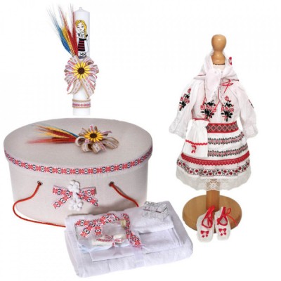 Set botez popular, costum rochita traditionala, trusou botez, cutie trusou si foto