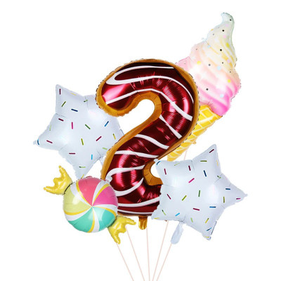 Balon gigant cifra 2, folie aluminiu inaltime 80 cm, decor candy 5 piese, gogoasa, inghetata, colorate foto