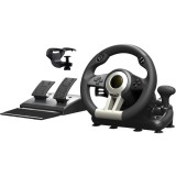 Cumpara ieftin Volan Gaming cu Pedale si Schimbator, 180&deg;, Vibratii, 8 Butoane, Compatibil PC, PS4, Xbox, Switch, Clema Prindere, Negru/Gri