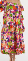 Rochie lunga cu imprimeu multicolor cu nuante de roz si mov, cu maneci ample cu 3 volane, din vascoza foto
