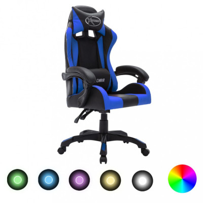 vidaXL Scaun de jocuri cu LED RGB, albastru și negru, piele ecologică foto