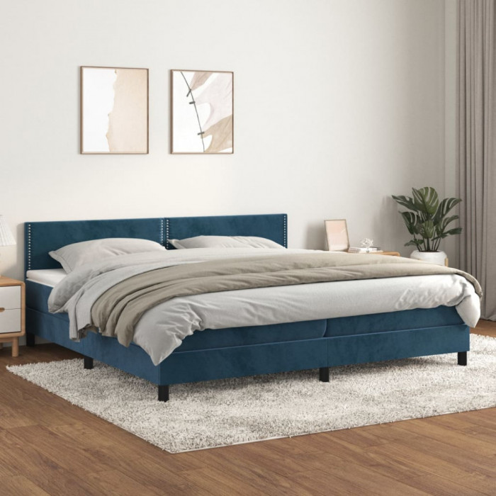 vidaXL Pat box spring cu saltea, albastru &icirc;nchis, 200x200 cm, catifea