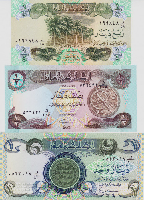 Bancnota Irak 1/4 , 1/2 si 1 Dinar 1979-85 - P67-69 UNC ( set x3 )