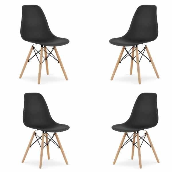 Set 4 Scaune Acerenza, Stil Scandinav cu Picioare din Lemn de Fag, Cadru Metalic, Sezut PP, Maxim 120 Kg, 46 x 54 x 82 cm, Negru