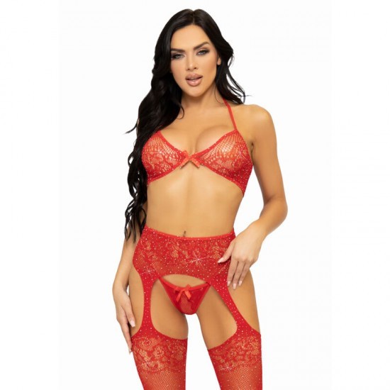 LEG AVENUE - SET TRES PIESE SUTIEN, CHILOȚI ȘI ȘOSONI MĂRIME UNICĂ - NEGRU