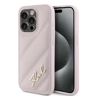 Husa iPhone 15 Pro Max Karl Lagerfeld Diagonal Quilted Script, roz, KLHCP15XPQDSMGP foto