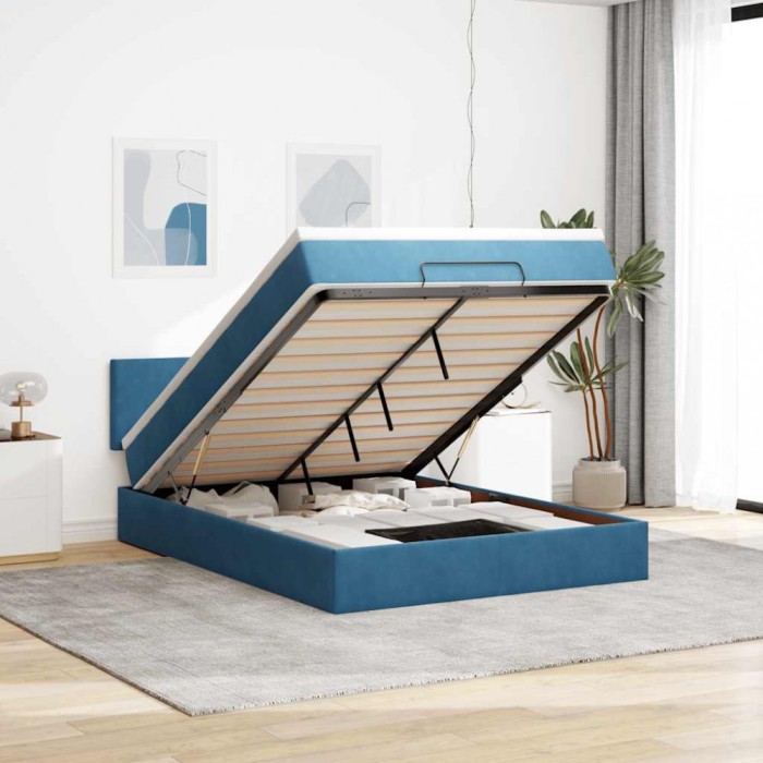 vidaXL Cadru de pat otoman cu saltea Albastru &icirc;nchis 140x190cm catifea