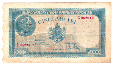 ROMANIA 5000 LEI 21 AUGUST 1945 STARE F BUNA FILIGRAN VERTICAL foto