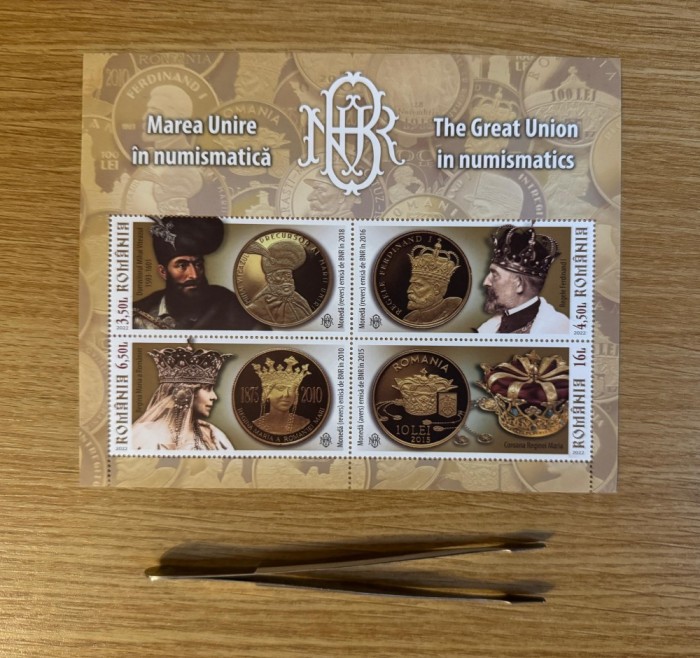 Marea Unire &icirc;n Numismatică, bloc de 4 timbre 2022 LP 2396a