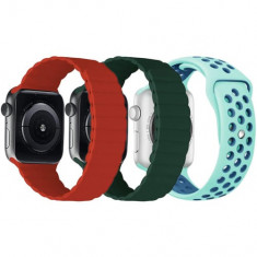Set 3 Curele iUni compatibile cu Apple Watch 1/2/3/4/5/6/7, 42mm, Silicon, Red, Green, Turquoise-Blue