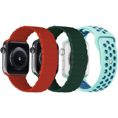 Set 3 Curele iUni compatibile cu Apple Watch 1/2/3/4/5/6/7, 42mm, Silicon, Red, Green, Turquoise-Blue foto
