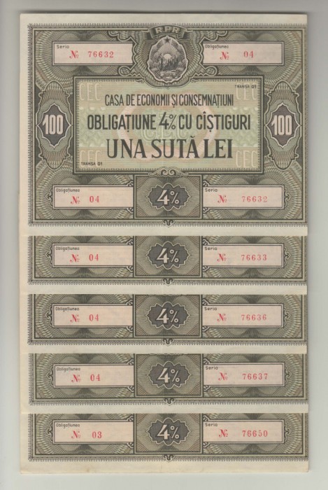 ROMANIA RPR SET 5 OBLIGATIUNI CEC 100 LEI ( 2 CU SERII CONSECUTIVE ) , B1.172