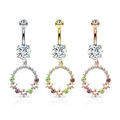 Piercing din oțel pentru buric &amp;ndash; cerc cu flori, cristale colorate și transparente, modele de culori variate - Culoare: Auriu foto