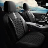 Cumpara ieftin Set Huse Scaune Auto Panda Atena, material textil cu piele ecologica, cu fermoare pentru bancheta rabatabila, negru cu gri, 11 piese