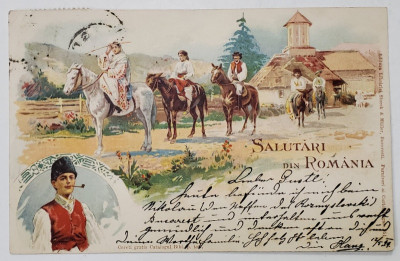 SALUTARI DIN ROMANIA , TARANI CALARE PE LANGA BISERICA , TANAR CU VESTA SI PIPA , CARTE POSTALA ILUSTRATA , CROMOLITOGRAFIE , CLASICA , DATATA 1899 foto