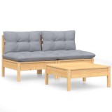 Cumpara ieftin Set mobilier de gradina cu perne gri, 3 piese, lemn de pin