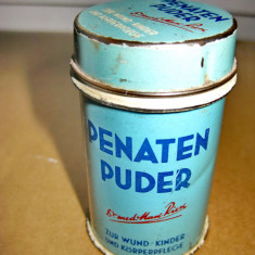 B279-I-Cutie pudra Penaten Puder copii si corp metal interbelica.