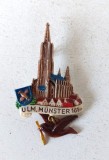 Insigna vintage -Ulm, Munster 161m, cu biserica catedrala gotica si porumbel cu ravas, plastic, ac metalic, colectie, 6cm