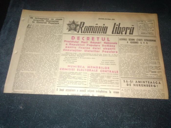 ZIARUL ROMANIA LIBERA 30 SEPTEMBRIE 1950 ALEGERI