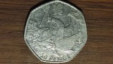 Anglia / Marea Britanie - moneda de colectie aniversara - 50 pence 2011 Caiac-Canoe - seria Olimpiada 2012 - mai greu de gasit