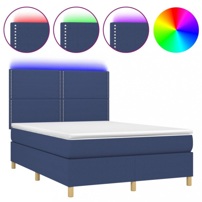 Pat cu arcuri, saltea si LED, albastru, 140x200 cm, textil