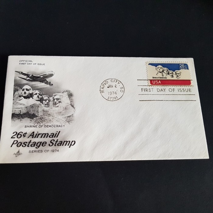 Plic Filatelic 1974 &ndash; Mount Rushmore, 26&cent; Air Mail, Prima Zi de Emisiune, Vintage