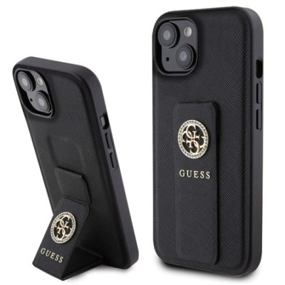 Husa pentru iPhone 15 / iPhone 14 / iPhone 13 - Guess Grip Stand 4G Saffiano Strass (GUHCP15SPGSSADK) - Black foto