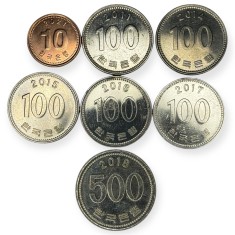 Coreea de Sud , lot 42 - 10 Won 2021 + 5 buc x 100 Won 2011 , 2014 , 2015 , 2016 , 2017 + 500 Won 2018