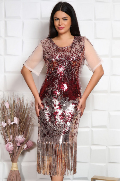 Rochie din paiete franjuri Goldi Bordo - 46Marimea