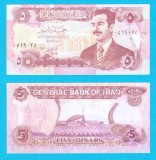 Irak (p#80) 5 Dinars 1992 UNC 'Saddam Hussein' serie: 0519075; (ROG CITITI DETALIILE!)