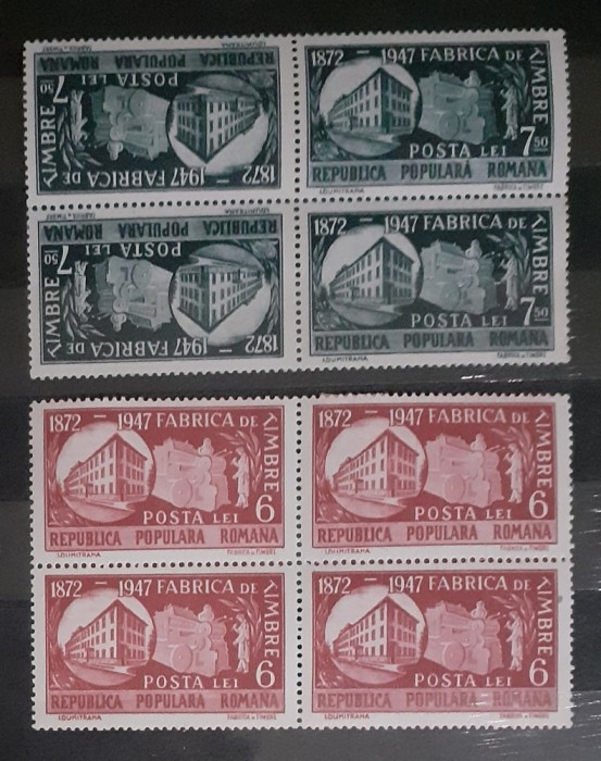 ROMANIA 1948 LP227 ,LP 227a Blocuri de 4 , 75 ani FABRICA DE TIMBRE, MNH