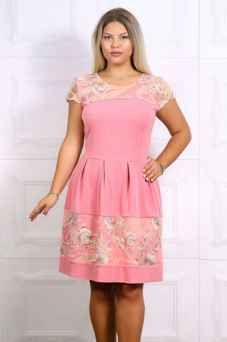 Rochie Mira cu Broderie Aplicata Roz - 42Marimea