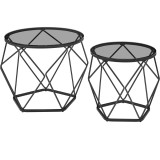 VASAGLE set 2 masute de cafea rotunde cu blat din sticla si cadru metalic