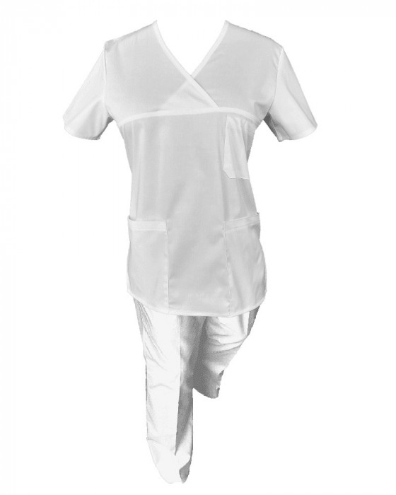 Costum Medical Pe Stil, Alb cu Elastan, Model Classic - XL, S
