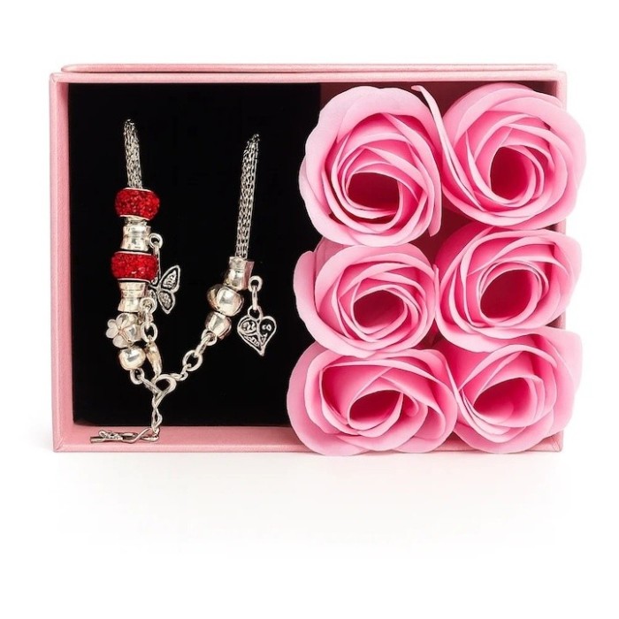 Set cadou luxury cu 6 trandafiri din sapun roz si bratara decorativa, cutie premium Love Forever, cu punga cadou