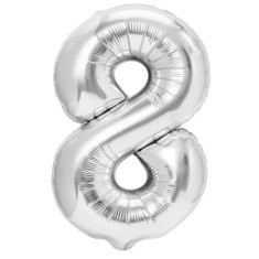 Balon din folie metalizata, flippy, figurina cifra, tema aniversare 80 cm, ambalaj individual, pai inclus, umflare cu aer sau heliu, argintiu, cifra 8