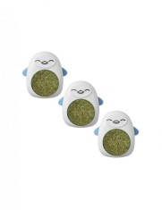Set 3 jucarii albastre pentru pisicute, model pinguin, minge rotativa 360 din iarba Catnip, 6 cm