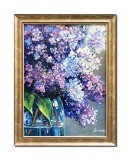 Buchet cu liliac, tablou pictat manual inramat, 45x35cm ulei pe panza, Mircea Iordache