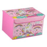 Cutie Depozitare Unicorn, 40x30x25cm, Roz, Material Textil, Capac cu Scai, Oem