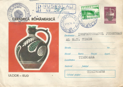 Romania, Ceramica romaneasca, Ulcior, Ieud, plic circulat, 1974 foto