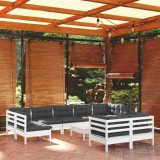 Gossi set mobilier gradina cu perne, 10 piese, alb, lemn masiv pin