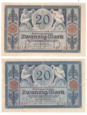 SV * Germania LOT 2 x 20 MARK 1915 * culori diferite (indigo -AUNC si albastru VF) foto