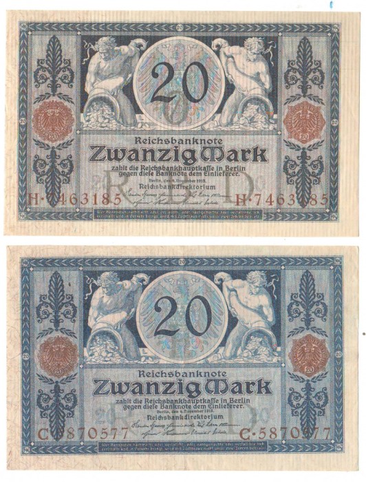 SV * Germania LOT 2 x 20 MARK 1915 * culori diferite (indigo -AUNC si albastru VF)