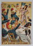 LA BOMBE EXCELSIOR , CARTE POSTALA ILUSTRATA , LITOGRAFIE SEMNATA JEAN PARIS , CU RETETA CULINARA PE VERSO , TEXT IN LB. FRANCEZA , 1946