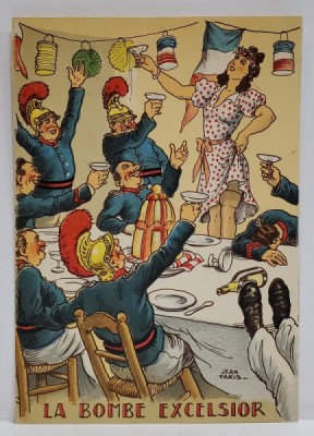 LA BOMBE EXCELSIOR , CARTE POSTALA ILUSTRATA , LITOGRAFIE SEMNATA JEAN PARIS , CU RETETA CULINARA PE VERSO , TEXT IN LB. FRANCEZA , 1946 foto