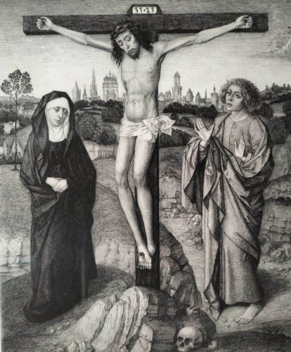 Litografie veche după Dierick Bouts-Răstignirea, cu Fecioara Maria şi Sf. Ioan