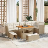 Set canapea grădină vidaXL 9 piese cu perne bej poli ratan acacia