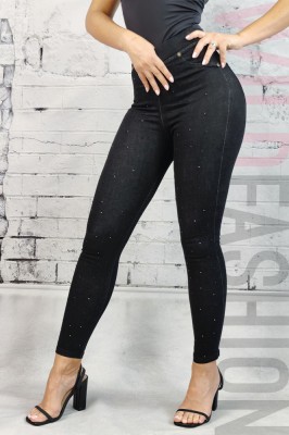 L889RR-1 Blugi tip colanti din denim elastic cu strasuri negre foto