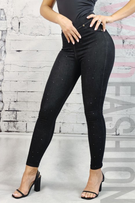 L889RR-1 Blugi tip colanti din denim elastic cu strasuri negre
